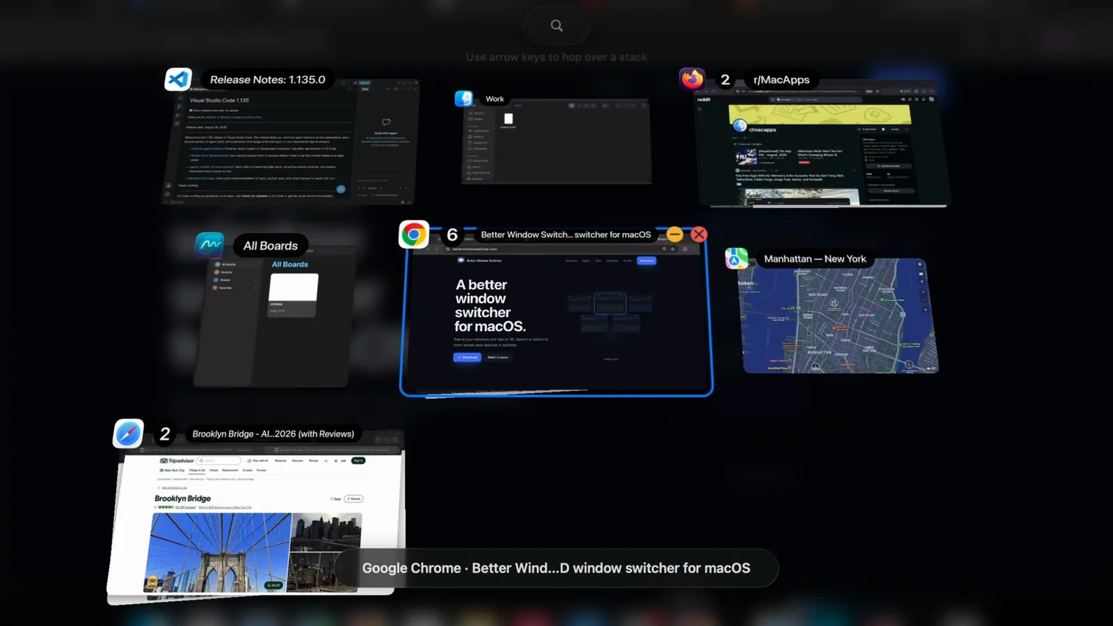 Better Window Switcher in its Grid arrangement, a picture of each open window on its own card